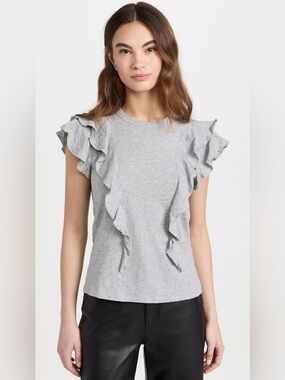 Veronica Beard Jean Bea Short Sleeve Ruffle Tee XS gray Pima cotton quiet luxury
